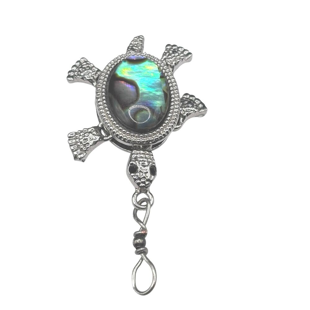 Turtle Pendant Necklace Iridescent Abalone Shell Silver Tone Boho Coastal - Picture 2 of 6